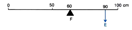Figure, shows a uniform metre rule of weight W supported on a fulcrum at the 60 cm mark by applying the effort E at the 90 cm mark.      (a) State with reason whether the weight W of the rule is greater than, less than or equal to the effort E.   (b) Find the mechanical advantage in a ideal case.