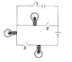 The diagram in Fig.  shows three lamps and three switches 1, 2 and 3 connected with two cells.     How are then the lamps connected : in series or in parallel ?