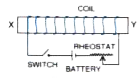 The diagram in Fig. 10.19 shows a coil wound around a soft iron bar XY.       State the polarity at the ends X and Y as the switch is pressed. X