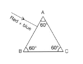 The diagram alongside shows a beam of light (red + blue) incident normally on an equilateral triangular prism. If the critical angle for the material of prüsm is 60^@ for the light of red colour, complete the diagram showing the path of light of each colour emerging out of the prism. Mark in the diagram the angles wherever necessary.