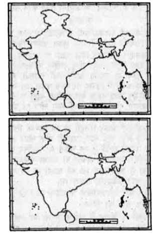 (क) दिये गये भारत के रेखा मानचित्र पर निम्नलिखित को दर्शाइए। (i) काली मिट्टी क्षेत्र (1) पूरब-पश्चिम गलियारा। (ख) दिये गये भारत के रेखा मानचित्र का ध्यानपूर्वक अध्ययन कीजिए और (क),(ख),(ग) तथा (घ) द्वारा प्रदर्शित जगहों को पहचान कर नामांकित कीजिए।