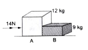 12 kg का घन A तथा 9 kg का घन B 14N के बल से धकेला जाता है। (जैसा कि चित्र में दिखाया गया है।) A द्वारा  B पर लगाया बल ज्ञात करें। इसकी प्रतिक्रिया क्या है? A पर लगता बल क्या है?
