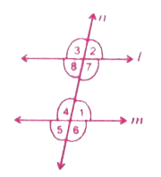 चित्र में तथा समांतर रेखाएँ है जिसको तिर्यक रेखा परिच्छेद करती है तो रिक्त स्थानों को भरें :        angle1  और angle2 ……..  कोणों के युग्म हैं।