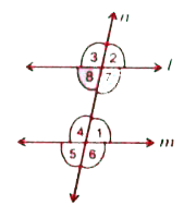 चित्र में तथा समांतर रेखाएँ है जिसको तिर्यक रेखा परिच्छेद करती है तो रिक्त स्थानों को भरें :        angle7 और angle4 ……..  कोणों के युग्म हैं।