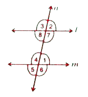 चित्र में l,m समांतर रेखाएँ है जिसको तिर्यक रेखा परिच्छेद करती है तो रिक्त स्थानों को भरें :       angle7 और angle1  तिर्यक रेखा n  के एक ओर के ……... कोण है।