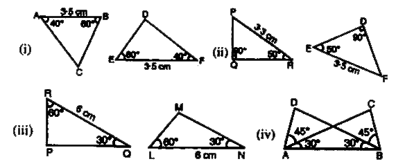 दी गई आकृति में त्रिभुजों के कुछ भागो की माप अंकित की गई है। A-S-A  सर्वांगसमता प्रतिबंध ए उपयोग करके बताइए कौन-से त्रिभुजों के युग्म सर्वांगसम हैं। सर्वांगसमता की स्थिति में, उत्तर को सांकेतिक रूप में लिखिए।