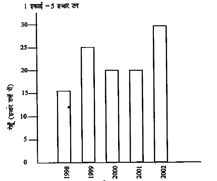 नीचे  दिया हुआ दंडालेख वर्ष 1998 -2002 में सरकार द्वारा  खरीदे  गए गेहूँ की मात्रा  दर्शाता है।      इस दंडालेख  को पढ़िए  अपने  प्रेक्षणों  को लिखिये।   (a) किस वर्ष में गेहूँ  का अधिकतम  उत्पादन  हुआ ?   (b) किस वर्ष  में गेहूँ  का न्यूनतम  उत्पादन  हुआ ?