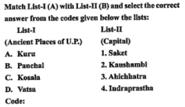 Match list -I (A) with List -II (B)  and select the correct answer from the code given below the lists :