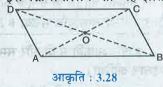 समान्तर चतुर्भुज (माना ABCD) का एक कटा हुआ भाग लीजिए। माना इसके विकर्ण overline (AC) और overline (DB) एक दूसरे को 'O' पर प्रतिच्छेद करते हैं। C को A पर रखकर एक तह (Fold) के द्वारा overline(AC) का मध्य बिन्दु ज्ञात कीजिए। क्या मध्य बिन्दु O ही है? क्या यह दर्शाता है कि विकर्ण overline (DB) विकण overline (AC) को मध्य बिन्दु O पर समद्विभाजित करता है? अपने मित्रों के साथ इसकी चर्चा कीजिए। इस क्रियाकलाप को यह ज्ञात करने के लिए दोहराएँ कि overline (DB) का मध्य बिन्दु कहाँ पर स्थित होगा?