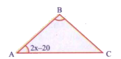 नीचे दिये गये त्रिभुज ABC में AB = BC, angleB = x^@, angleA = (2x - 20)^(0)  है तो angleB का मान क्या होगा?