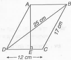 संलग्न चित्र में दिए हुए समांतर चतुर्भुज का क्षेत्रफल ज्ञात कीजिए । साथ ही शीर्ष A से भुजा DC पर शीर्ष लम्ब की लम्बाई भी ज्ञात कीजिए ।