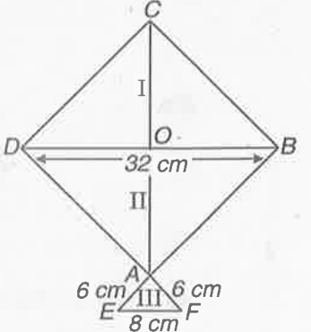 एक पतंग तीन भिन्न-भिन्न शेडो (Shades) के कागजो से बनी है । इन्हे संलग्न चित्र में I, II और III से दर्शाया गया है । पतंग का ऊपरी भाग 32 cm विकर्ण का एक वर्ग है और निचला भाग 6 cm, 6 cm और 8 cm भुजाओ का एक समद्विबाहु त्रिभुज है । ज्ञात कीजिए कि प्रत्येक शेड का कितना कागज प्रयुक्त किया गया है ।
