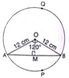 त्रिज्या 12 cm वाले एक वृत्त को कोई जीवा केंद्र पर 120^(@) का कोण अंतरित करती है| संगत वृत्तखंड का क्षेत्रफल ज्ञात कीजिए| (pi = 3.14 और sqrt(3)=1.73) का प्रयोग कीजिए|