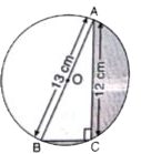 संलगन आकृति में O केंद्र वाले का व्यास AB=13 cm है तथा AC = 12 cm है| BC को मिलाया गया है| छायांकित क्षेत्र का क्षेत्रफल ज्ञात कीजिए| (pi = 3.14) लीजिए|