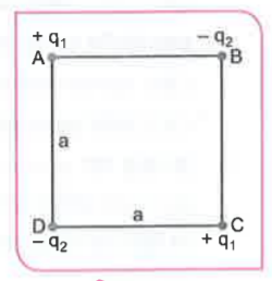 संलग्न चित्र 1.70 में भुजा a के वर्ग के कोनों पर आवेश स्थित हैं। यदि कोने A पर आवेश साम्य में है तो (q(1))/(q(2)) का मान है :