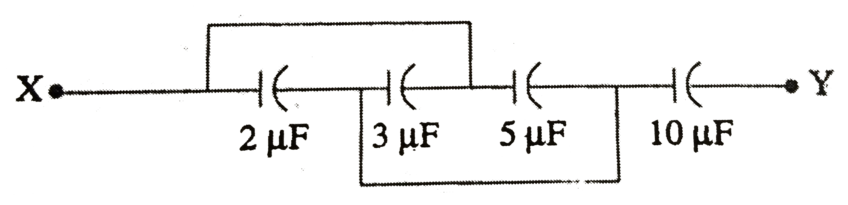 Four capacitors are connected as shown in the figure. Calculate the equivalent capacitance between the point X and Y.