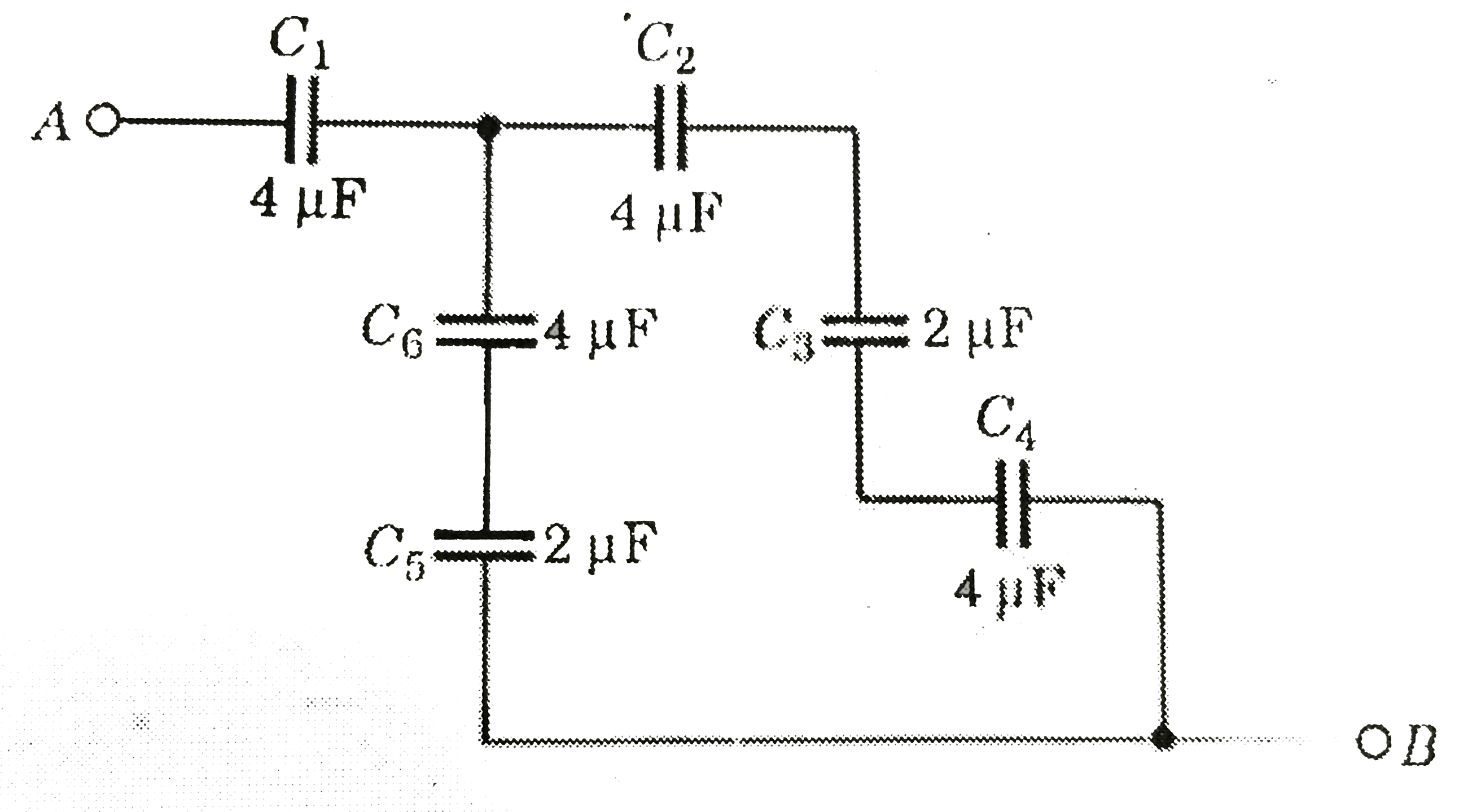 Calculate the equivalent capacitance between the points A and B of the circuit given below.