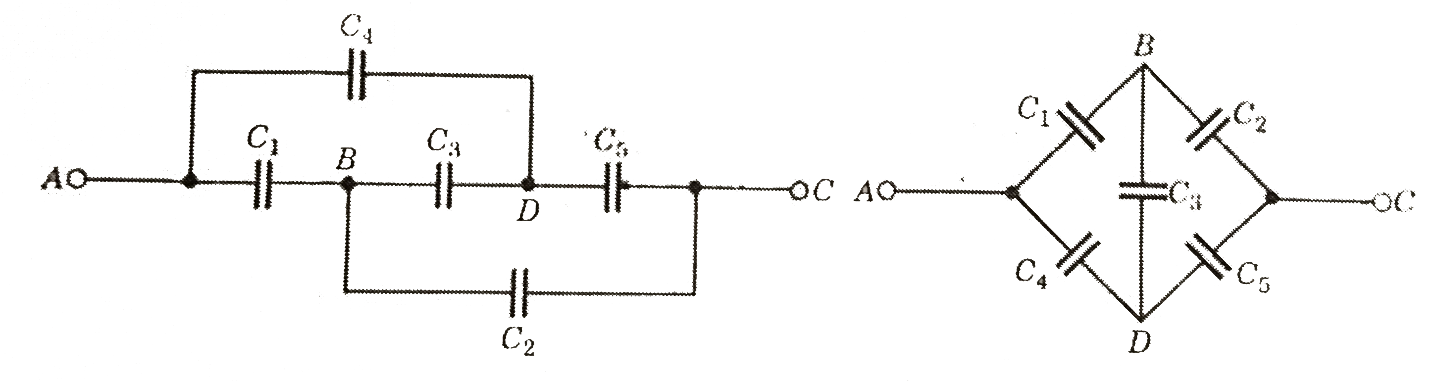 Five capacitors of capacitance 10muF each are connected with each other, as shown in figure. Calculate the total capacitance between the points A and C.