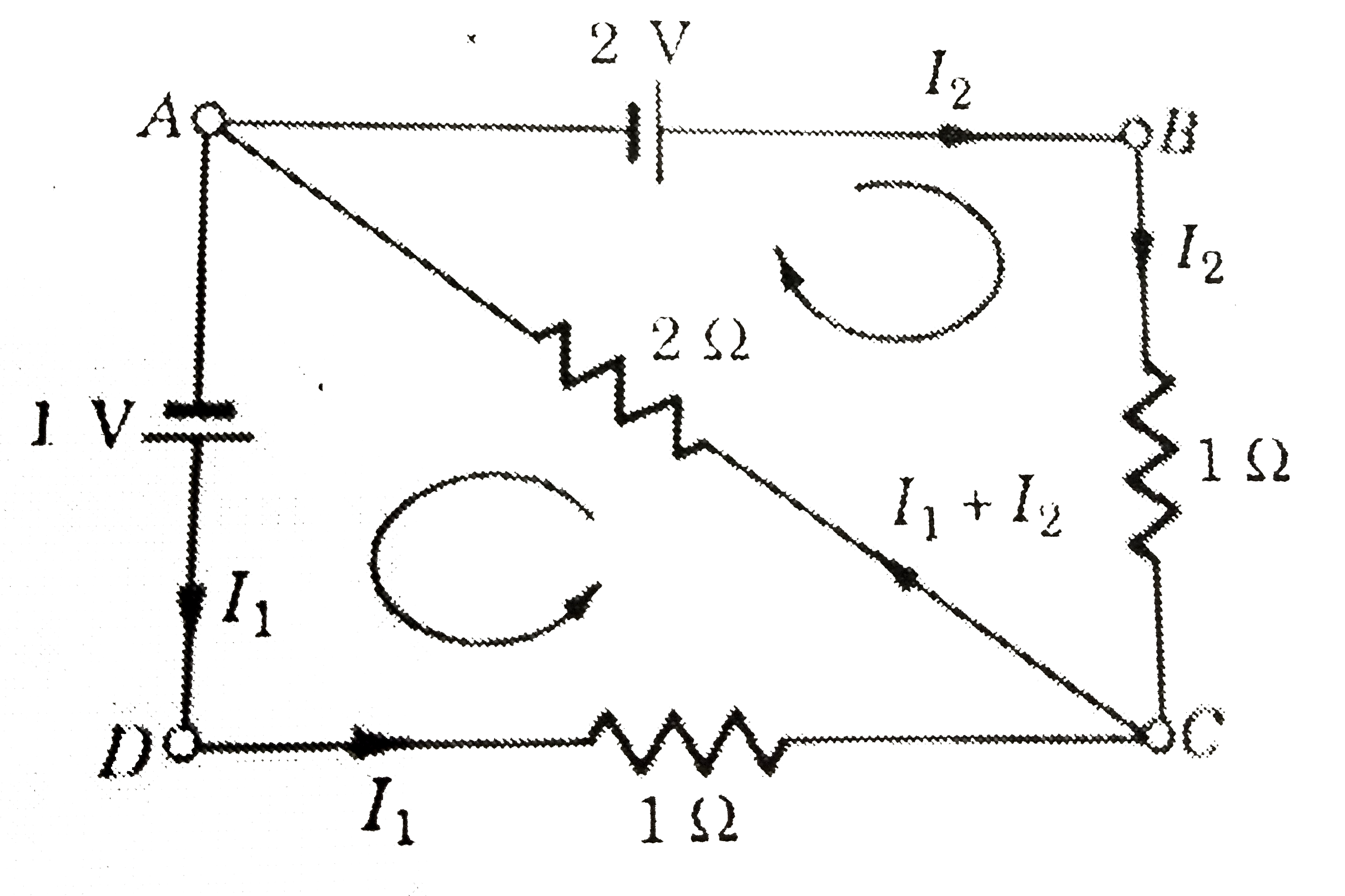 In the circuit shown in figure. Calculate the current in each resistance. The internal resistnaces of the cells are negligible.