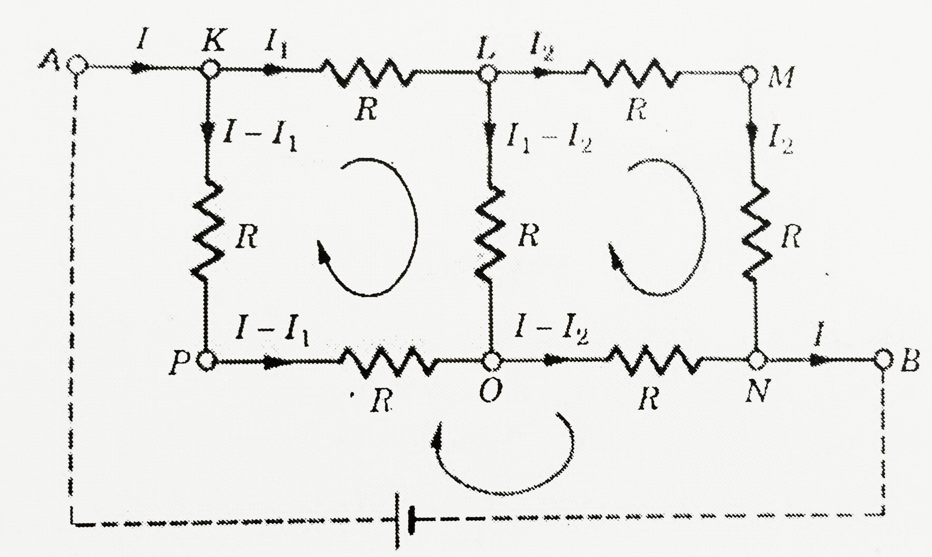 Find the equivalent resistance between the terminals A and B in the network shown figure. Given each resistor R of 10Omega.
