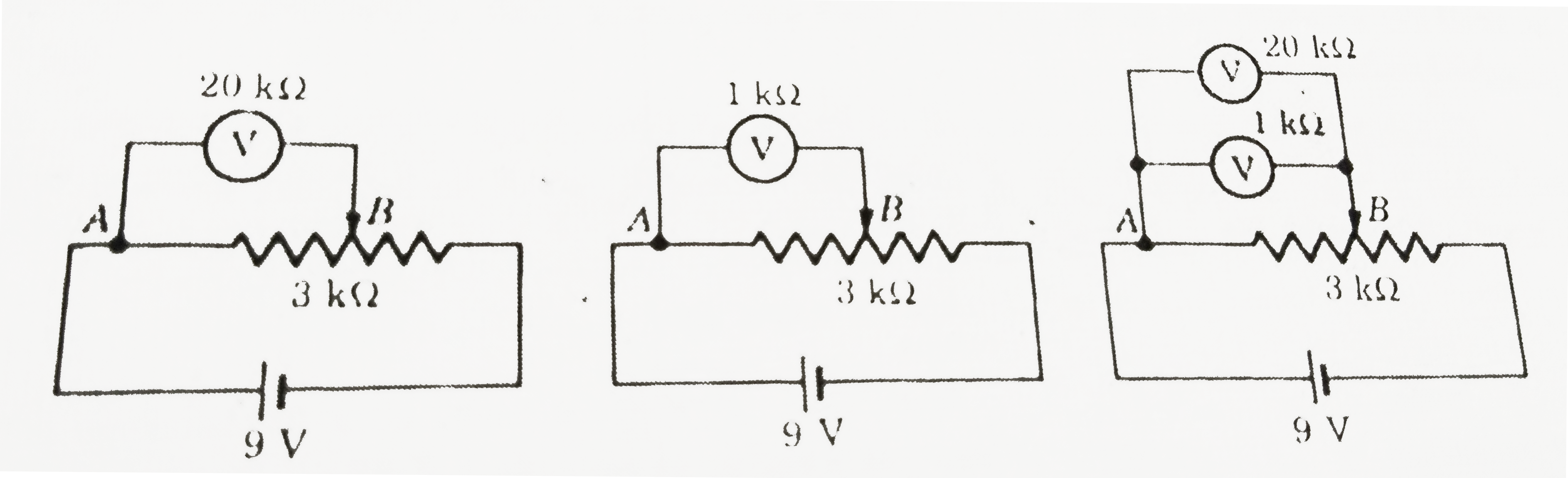 A battery of emf 9 V and negligible internal resistance is connected to a 3 k Omega resistor. The potential drop across a part of the resistor (between points A and B in the figure) is measured by (i) a 20 k Omega voltmeter, (ii) a 1 k Omega voltmeter. in (iii). both the voltmeter are connected across AB. in which case would you get the (a) highest, (b) lowest reading?