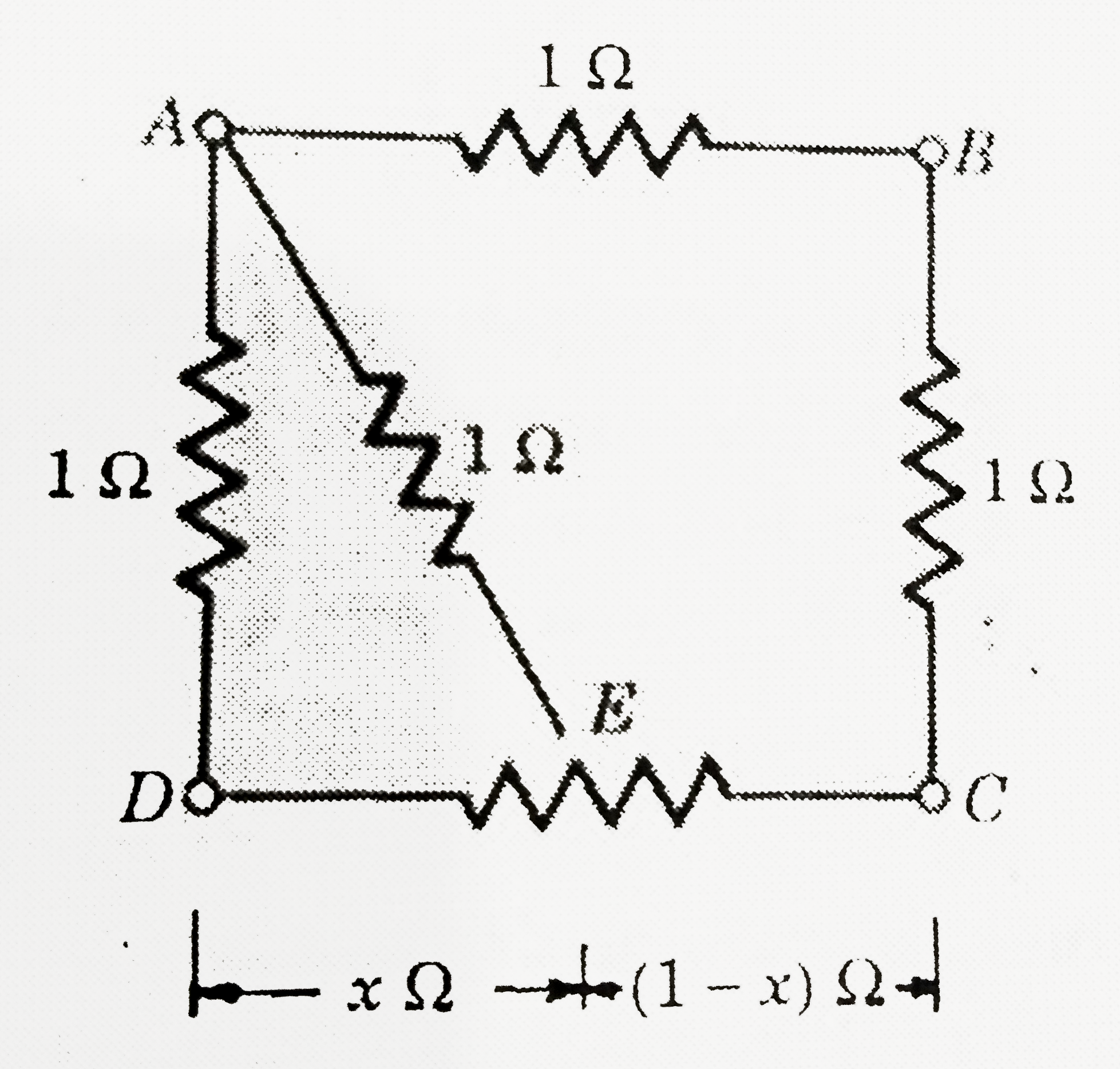 In figure. ABCD is a square where side is a uniform wire of resistance 1Omega. Find the a point E on CD such that if a uniform wire of resistance 1Omega is connected across AE and a constant potential differene is applied across A and C the points B and E are equipotential.