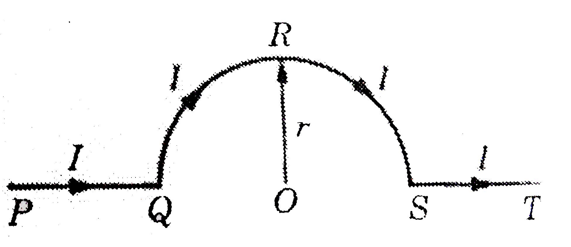 A long wire having a semi-circular loop of radius r carries a current I, as shown in Fig. Find the magnetic field due to entire wire.