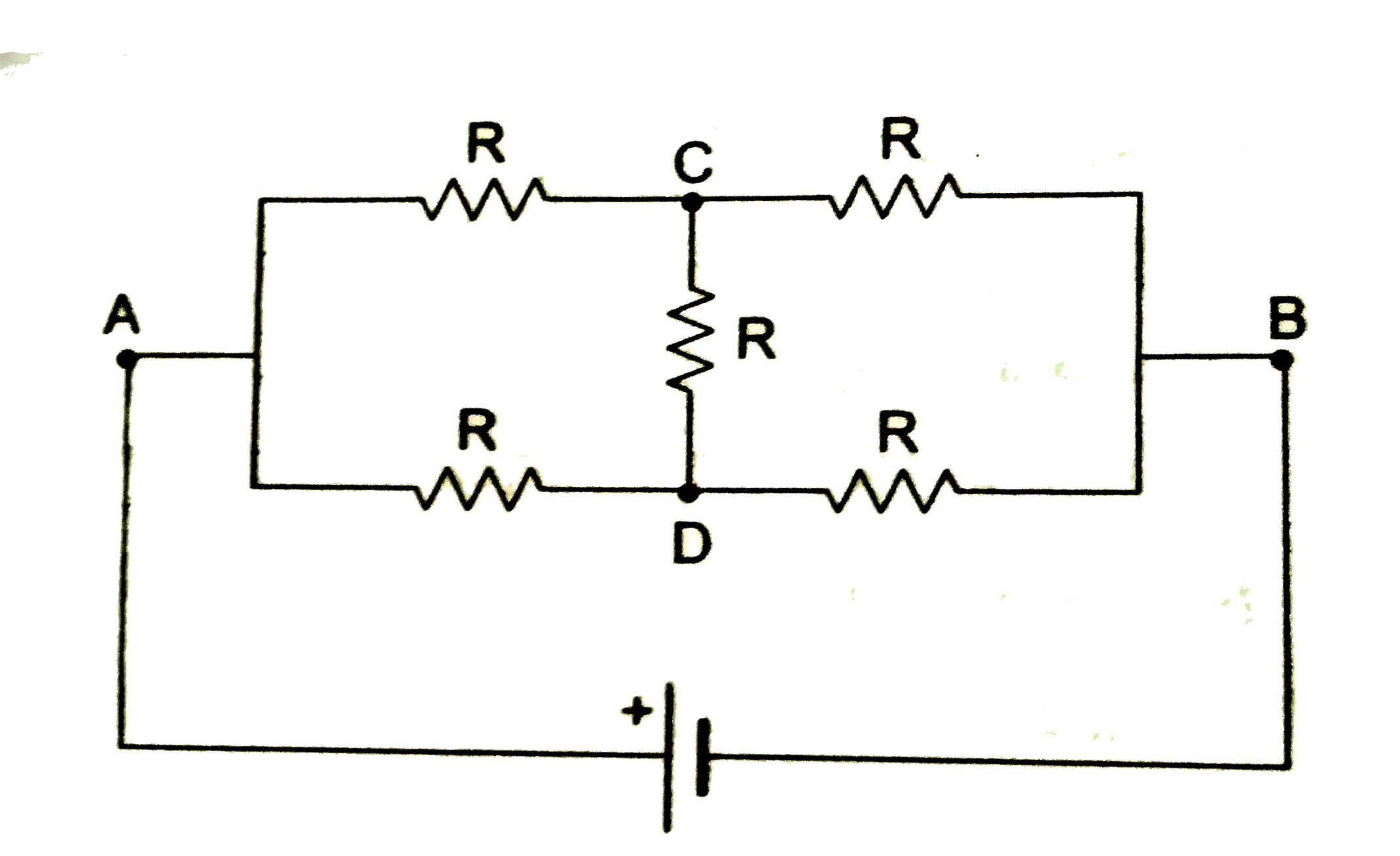 कथन  1 : चित्र  में  बिंदु  A तथा B  के बीच तुल्य प्रतिरोध R है ।    कथन 2 : हीटस्टोन ब्रिज के संतुलन की शर्त के अनुशार , बिंदु C तथा D के विभव समान है ।