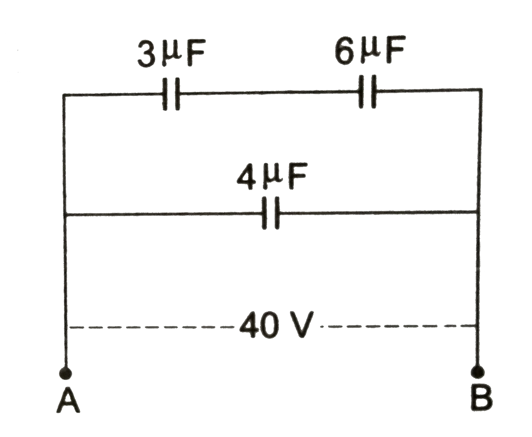 चित्र 2.5 में प्रदर्शित व्यवस्था में 6 mu F धारिता के संधरित्र की प्लेटो के बीच विभवांतर V है तथा A एव B बिन्दुओ के बीच तुल्य धारिता X है।