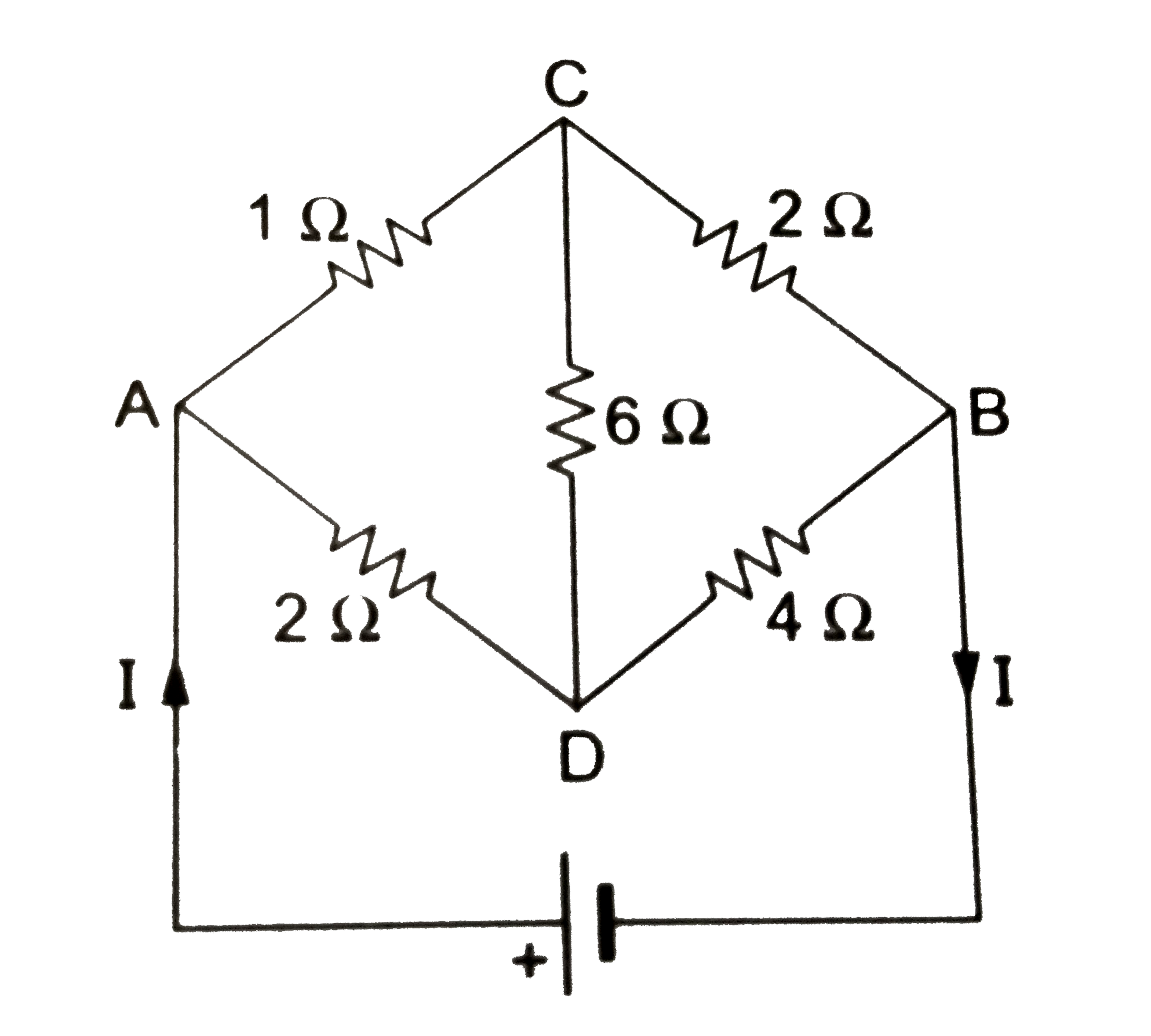 प्रदर्शित परिपथ का प्रवाहित मुख्य धरा I बिंदु A से प्रवेश करती है तथा बिंदु B से बहार आती है