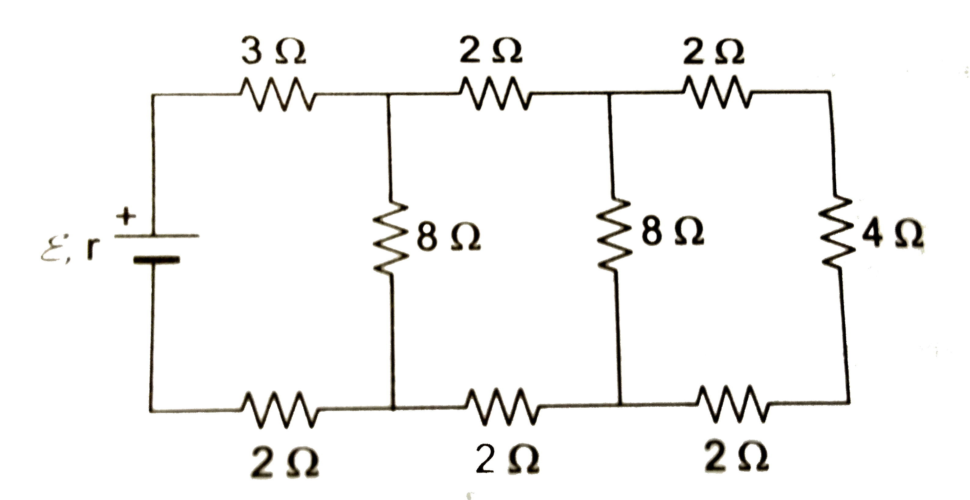 प्रदर्शित परिपथ में सेल का आंतरिक प्रतिरोध r=1Omega तथा इसका विधुत-वाहक बल epsi=10V है।