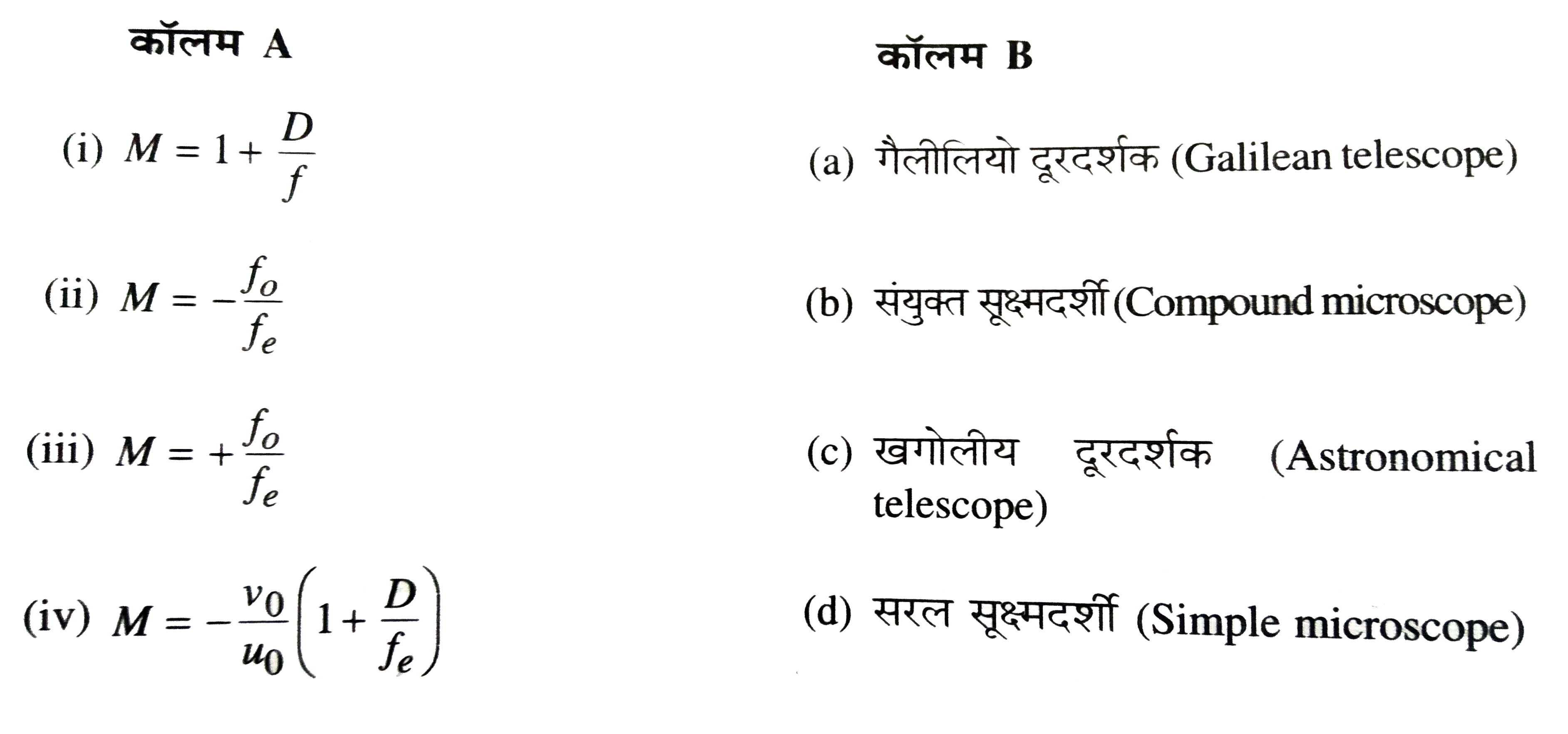 सूक्ष्मदर्शी एवं दूरदर्शक की आवर्धन- क्षमता M के लिए कॉलम A की प्रविष्टियों (entries ) को कॉलम B  में दिए गए विकल्पों से मिलान करे ।