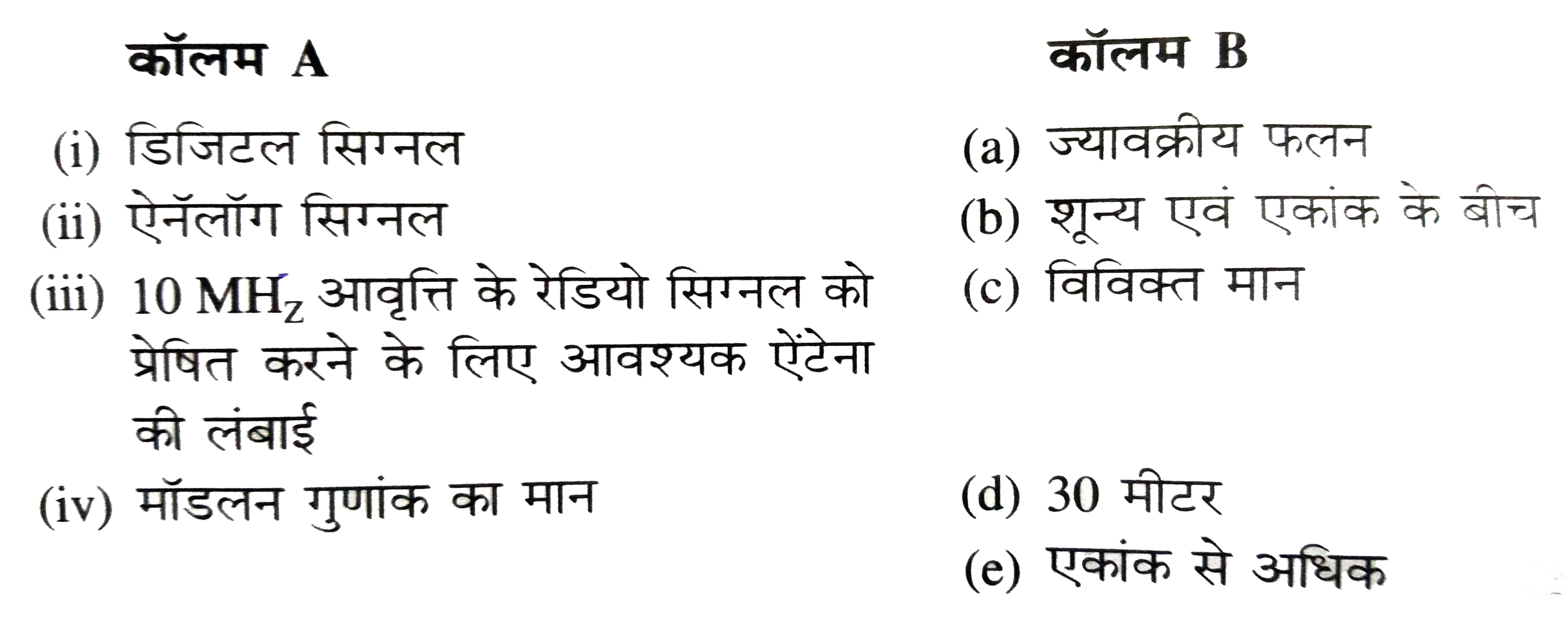 कॉलम A की प्रविष्टियों (enties ) को कॉलम B में दिए गए विकल्पों से मिलान करे ।