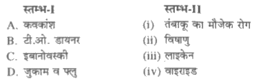 स्तम्भ-I में दिये गये पदों का स्तम्भ-II में दिये गये पदों के साथ सही मिलान कीजिए-