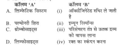 कॉलम 'A' के अन्तर्गत दिए गए शब्दों को कॉलम 'B' के अन्तर्गत दिए गए उनके कार्यों से सुमेलित कर नीचे दिए गए विकल्पों में से सही का चयन कीजिए-