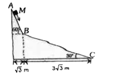 m द्रव्यमान  का एक छोटा  गुटका  नत -  समतल  की घर्षण रहित  सतह  पर गति करता है  ( चित्रानुसार )।  नत  - समतल  का झुकाव  कोण  अचानक बिंदु B  पर 60^(@) से 30^(@) परिवर्तित  हो जाता है ।  प्रारम्भ  में गुटका ,A  पर विराम में है ।  मान लीजिये  की गुटके  व  नत  - समतल  के मध्य संघट्ट  पूर्णतः  अप्रत्यास्थ है । (g = 10 m//s^(2))    द्वितीय नत तल पर टकराने के तुरंत  बाद गुटके  की बिंदु B पर चाल है -