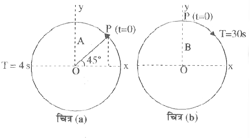 चित्र में दो वर्तुल गतियां दिखायी गयी हैं। इन चित्रों पर वृत्त की त्रिज्या, घूर्णन का आवर्तकाल, आरंभिक स्थिति तथा घूर्णन की दिशा अंकित की गई है। प्रत्येक स्थिति में घूर्णी कण P के त्रिज्या सदिश के x-प्रक्षेप की सरल आवर्त गति प्राप्त कीजिये।