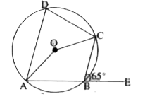 चित्र में O केन्द्र वाले एक ही वृत्त में ABCD एक चक्रीय चतुर्भुज है। यदि बहिष्कोण /CBE = 65^(@) तो /AOC का मान ज्ञात कीजिए।