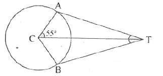 संलगन आकृति में AT  और BT दो स्पर्श रेखाएं है तथा वृत्त का केंद्र O  है। यदि angleAOT=55^(@)  हो ,तो  angleAPB   का मान क्या होगा ?