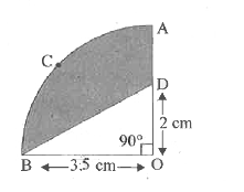 आकृति मे , OACB केंद्र O और त्रिज्या  3.5cm वाले एक वृत्त का चतुर्थांश है। यदि है तो निम्नलिखित के क्षेत्रफल ज्ञात कीजिये  (i)चतुर्थांश OACB  (ii)छायांकित भाग