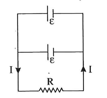 चित्र में दो सर्वसम सेल जिनके वि वा बल समान है तथा आन्तरिक प्रतिरोध नगण्य है, समान्तर क्रम में जुड़े है। प्रतिरोध R से प्रवाहित विद्युत धारा का मान क्या होगा?