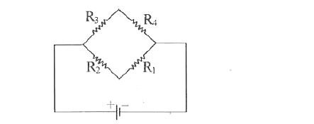 संलग्न चित्र में एक संतुलित व्हीटस्टोन सेतु प्रदर्शित है।  R(1) ,R(2) , R(3)  में R(4)  सम्बन्ध लिखिये।
