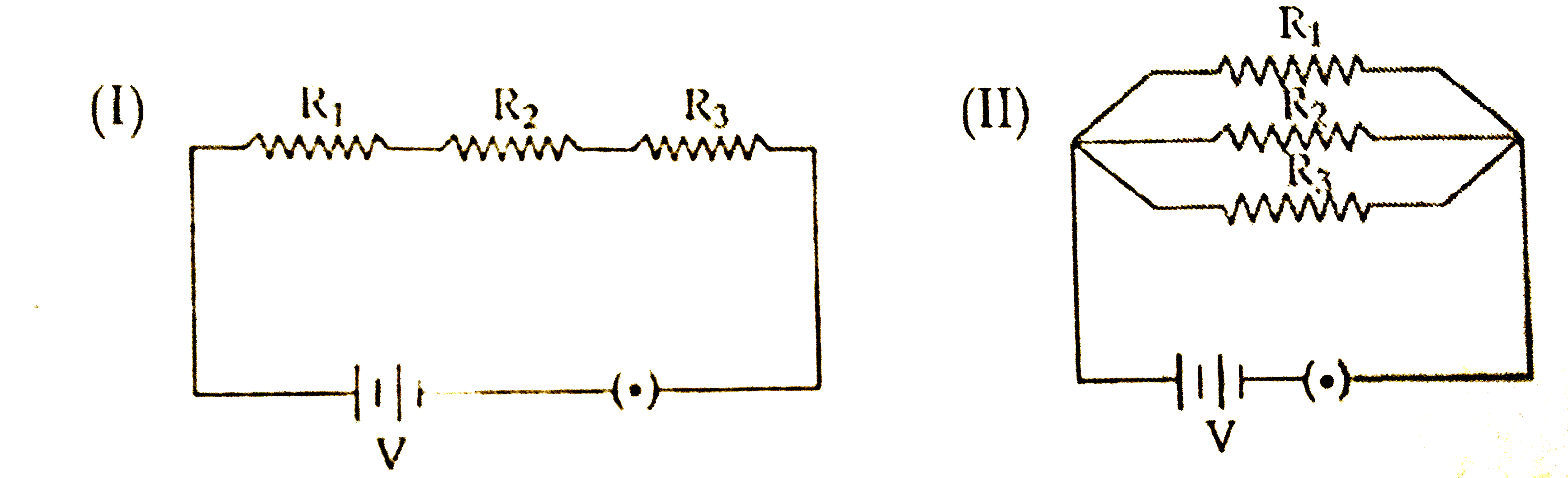Name an instrument that measures potential difference between two points in a circuit.    Difine the unit of potential difference in terms of SI unit of charge and work . Draw the    circuit symbols for a (i) veribale resisitor , (ii) a plug key which is closed one .   Two electric circutirs I and II are shown below.   (i) Which of the two circuits has more resistance?    (ii) Through which circuit more current passes?    (iii) In which circuit, the potential difference across each resistor is equal?    (iv) If R(1) gt R(2) gtR(3), in which circuit more heat will be produced in R(1) as  compared to    other two resistors?     .