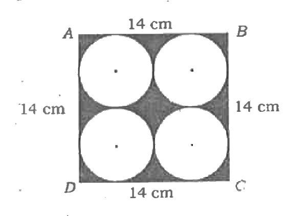 ABCD is a square of side 14cm. Four congruent circles are drawn in the square as shown in figure. Calculate the area of the shaded region.   [ Circles touch each other externally and also sides of the square]