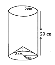 The bottom of a right cylindrical shaped vessel made from metallic sheet is closed by a cone shaped vessel as shown in the figure . The radius of the circular base of the cylinder and radius of the circular base of the cone each os equal to 7 cm . If the height of the cylinder is 20 cm and height of cone is 3 cm calculate the cost of milk to fill completely this vessel at the rate of Rs. 20 per litre.