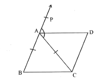 DeltaABC एक समद्विबाहु त्रिभुज हैं जिसमें AB = AC है। AD बहिष्कोण PAC को समद्विभाजित करता है और CD || BA ( देखिए आकृति )। दर्शाइए कि-    ABCD एक समान्तर चतुर्भुज हैं।