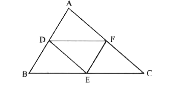 DeltaABC में D,E, और F क्रमशः भुजाओं AB, BC और CA के मध्य बिन्दु है ( देखिए आकृति)। दर्शाइए कि बिन्दुओं D, E और F को मिलाने पर DeltaABC चार सर्वांगसम त्रिभुजों में विभाजित हो जाता है।