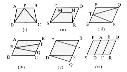 निम्नलिखित आकृतियों में से कौन-सी आकृतियाँ एक ही आधार और एक ही समांतर रेखाओं के बीच स्थित है? ऐसी स्थिति में, उभयनिष्ठ आधार और दोनों समांतर रेखाएँ लिखिए ।