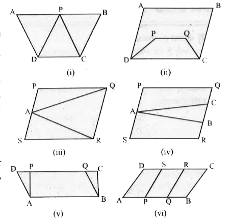निम्नलिखित आकृतियों में से कौनसी आकृतियाँ एक ही आधार और एक ही समान्तर रेखाओं के मध्य स्थित है? ऐसी स्थिति में उभयनिष्ठ आधार ओर समान्तर रेखा युग्म लिखिए।