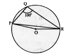 आकृति में, anglePQR = 100^(@) है, जहाँ P, Q तथा R, केन्द्र O वाले एक वृत्त पर स्थित बिन्दु हैं। angleOPR ज्ञात कीजिए।